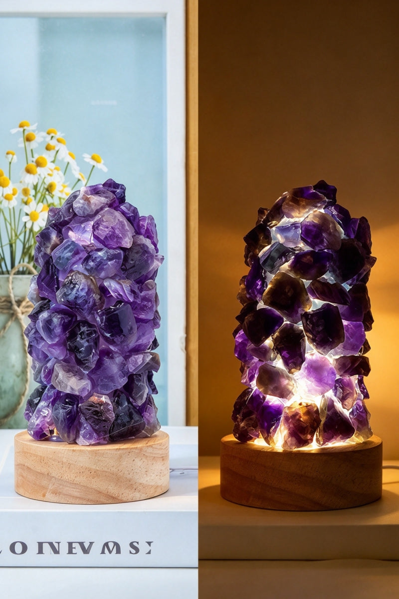 Amethyst Crystal Pebble Home Bedroom Bedside Night Light USB