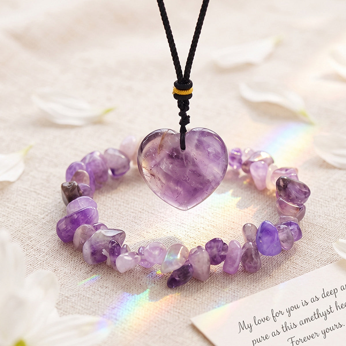 Amethyst Heart Pendant Necklace and Crushed Stone Bracelet Set