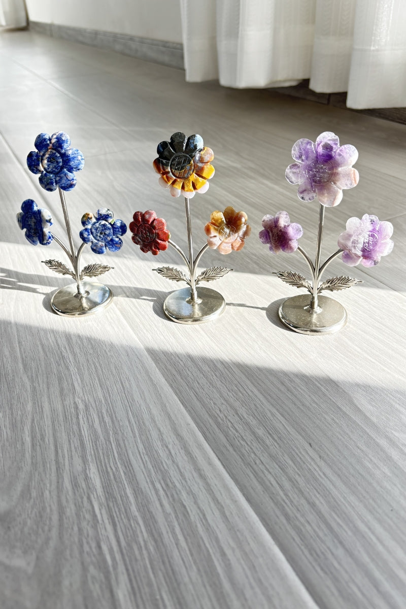 Amethyst Triple Sun Flowers with Metal Stems Ocean Jasper Flowers