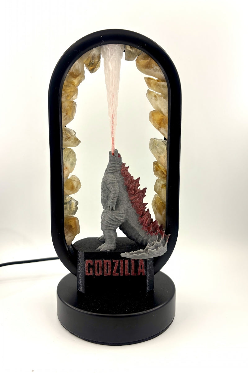 Citrine Godzilla Lamp with Flames USB Raw Pieces
