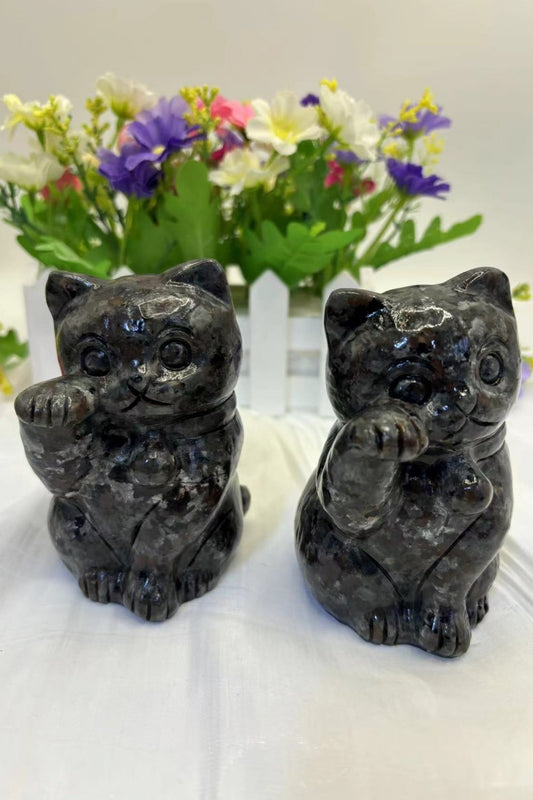 Crystal Good Fortune Cat Carvings with Waving Arm