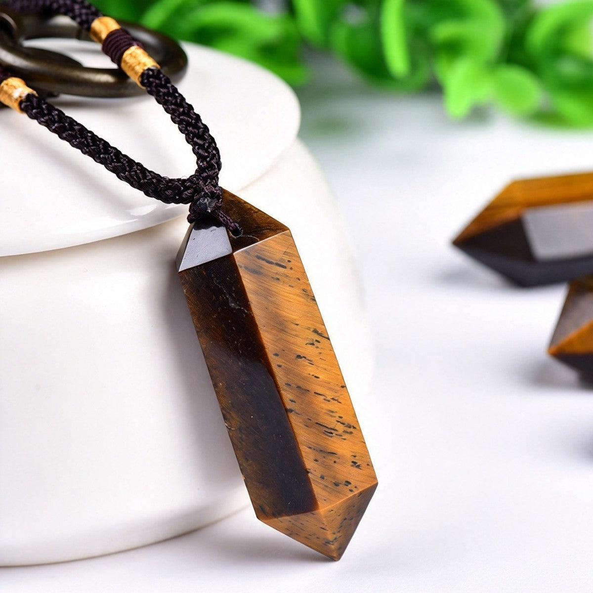 Double-pointed Tiger's Eye Crystal Pillar Pendant Necklace