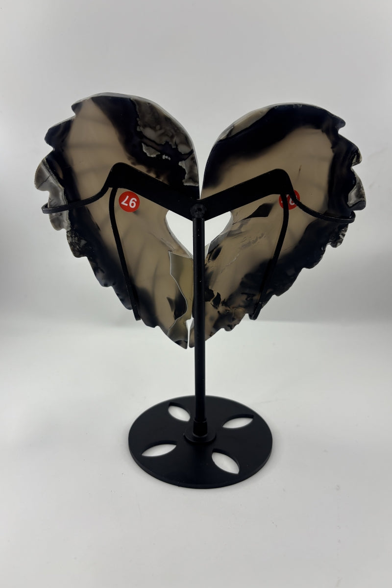 Flashy UV Volcano Agate Heart Wings with Free Holder