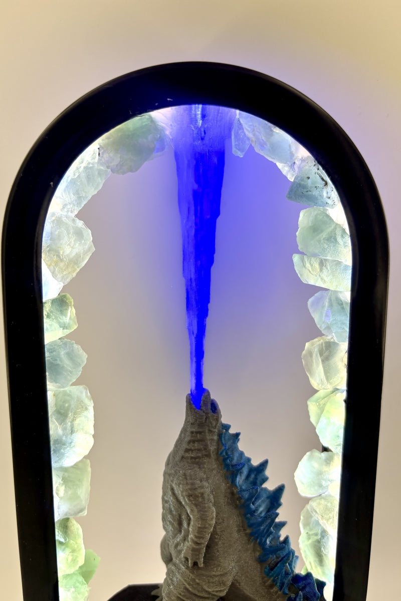 Green Fluorite Godzilla Lamp with Flames USB Raw Pieces