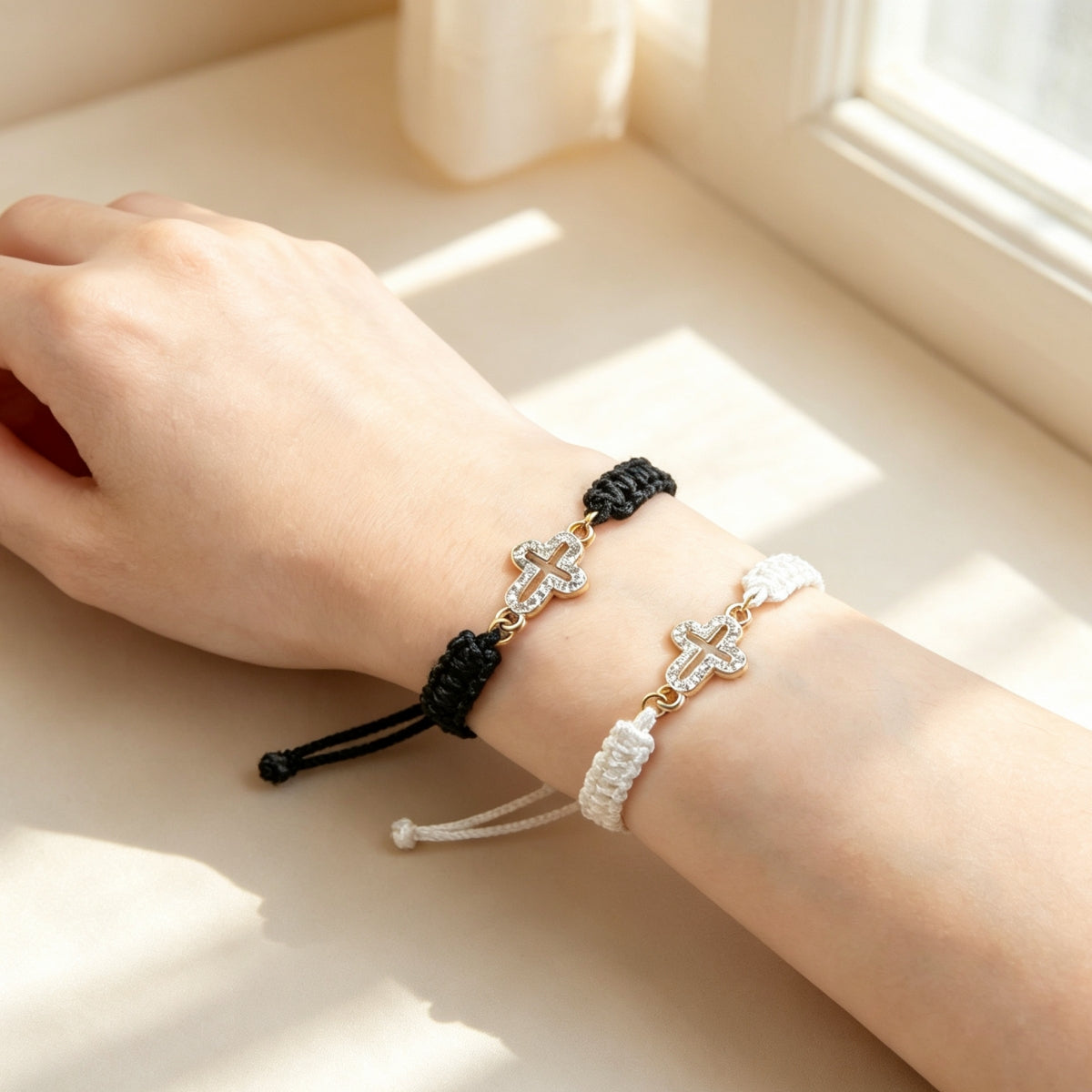 Hand-Woven Adjustable Bracelet with Rhinestone-Encrusted Prayer Cross