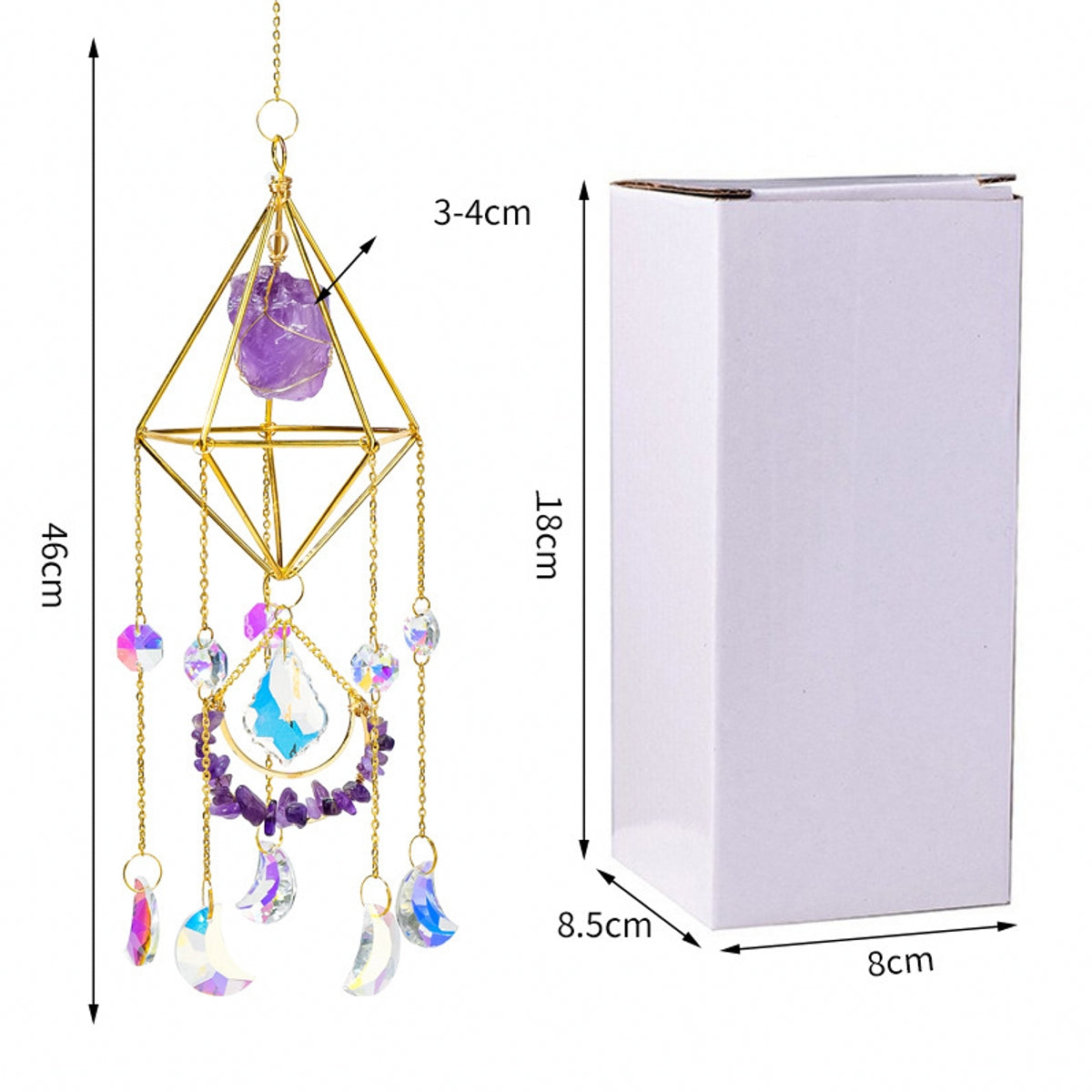 Handcrafted Natural Raw Crystal Sun Catchers with Moons in Diamond Shapes 18"