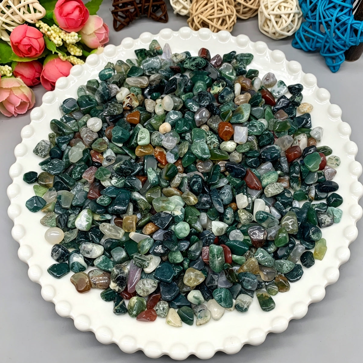 Moss Agate Chips Small Tumbles 100g