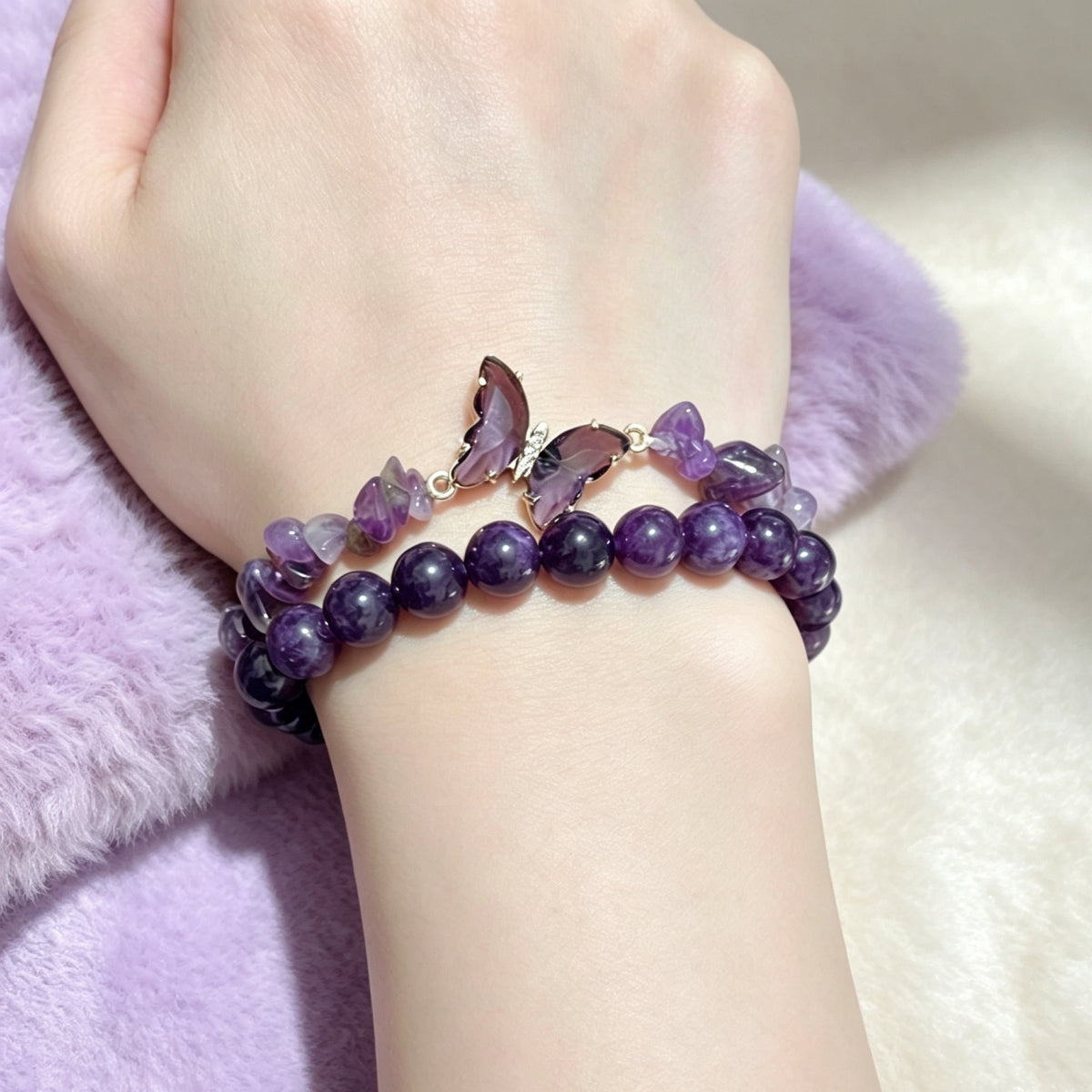 Natural Amethyst Pebbles with Butterfly Style Layered Braceltes