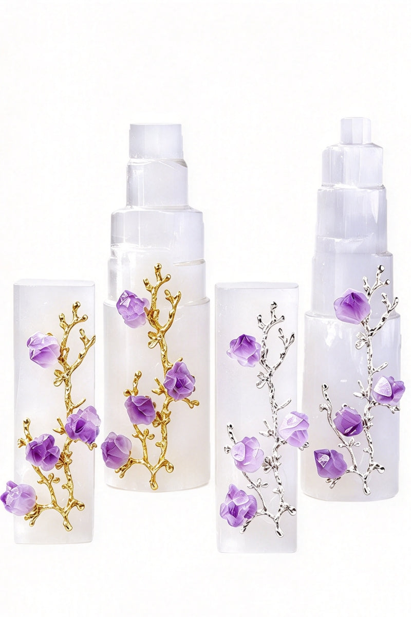 Natural Moroccan Selenite Tower Amethyst Flower Ornament
