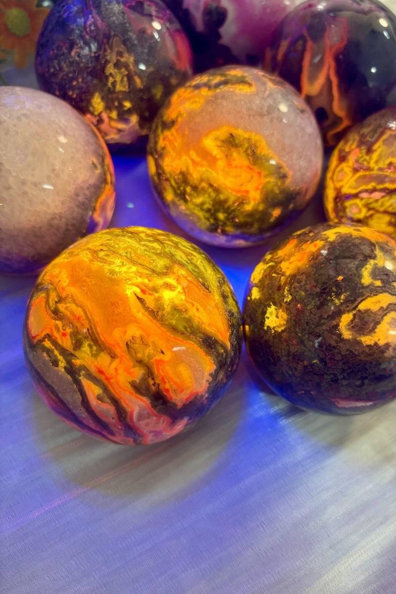 Pink Moss Agate Spheres with Strong UV Flash 2.36"