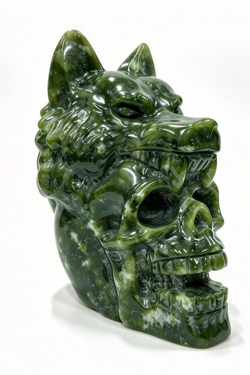 Serpentine Wolf Head Skull Carvings 4.33"