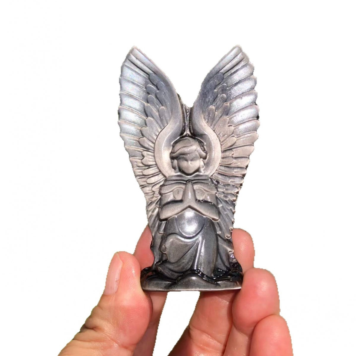Silver Obsidian Praying Angel Carved Ornament Carvings 3.23"