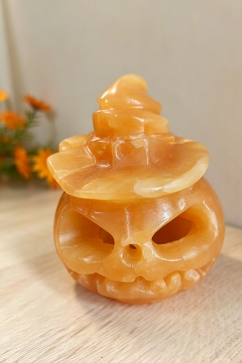 Yellow Calcite Hollow Pumpkin Carving with A Free Light Holder 3.46"