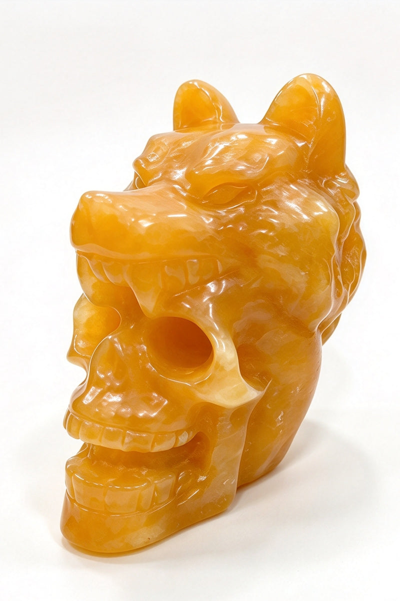 Yellow Calcite Wolf Head Skull Carvings 3.47"