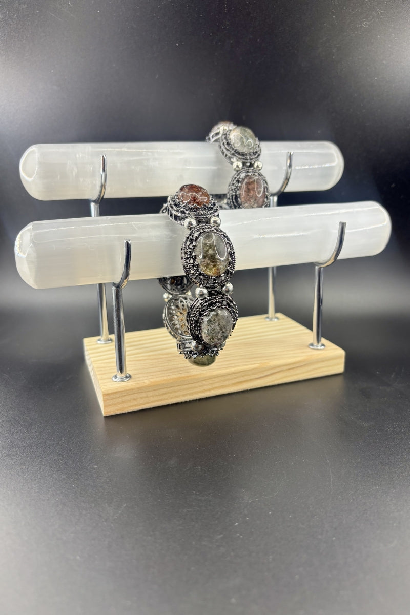 2 Selenite Bars Bracelets Holder with A Double Wood Stand Set 7.87"
