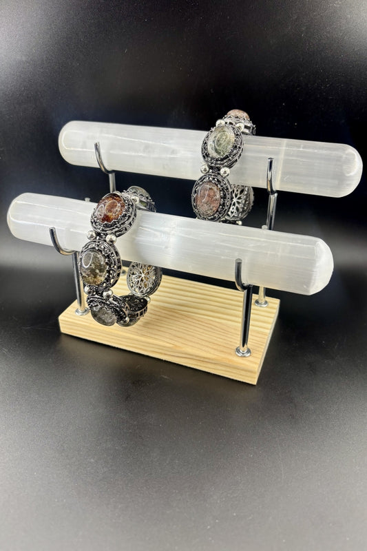 2 Selenite Bars Bracelets Holder with A Double Wood Stand Set 7.87"