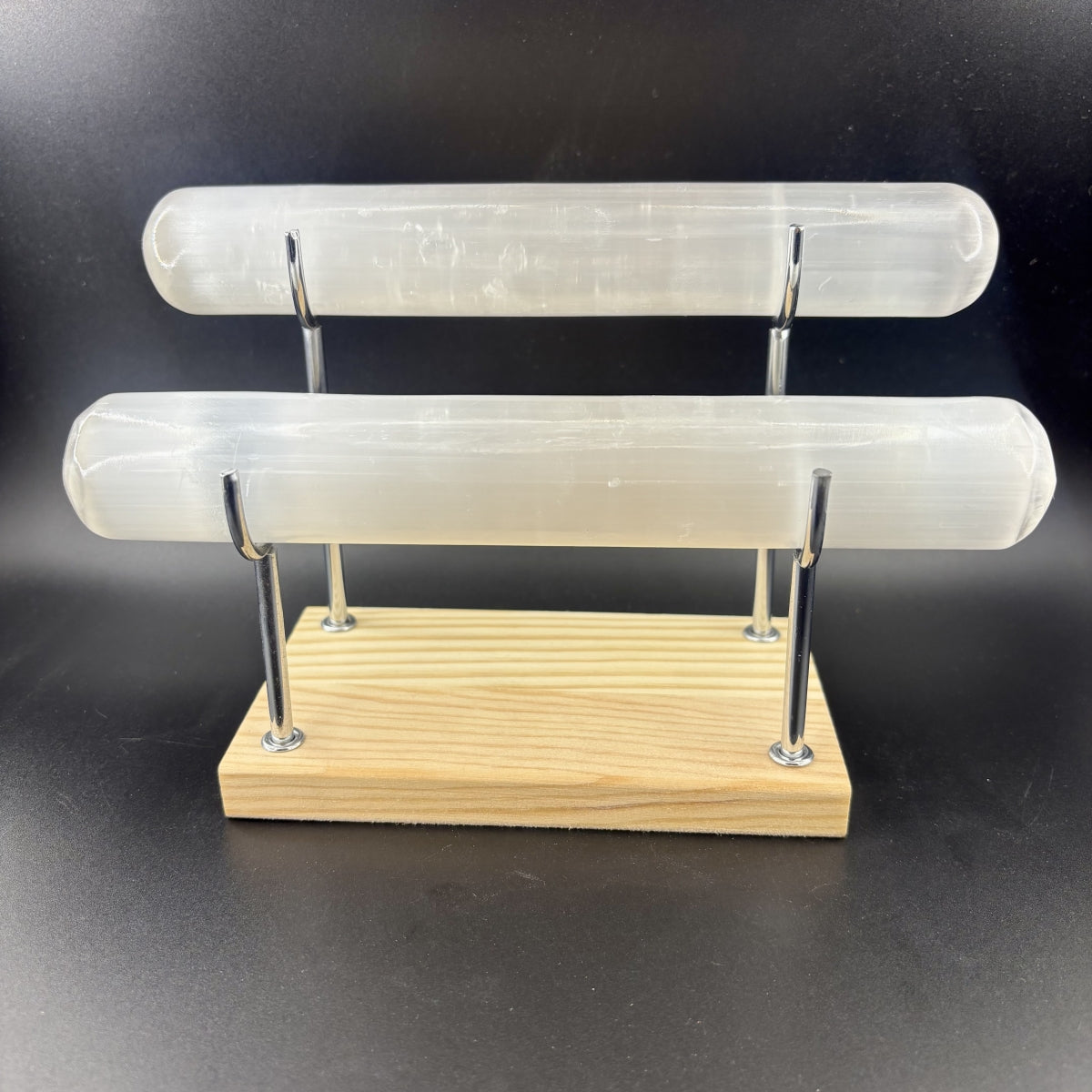 2 Selenite Bars Bracelets Holder with A Double Wood Stand Set 7.87"