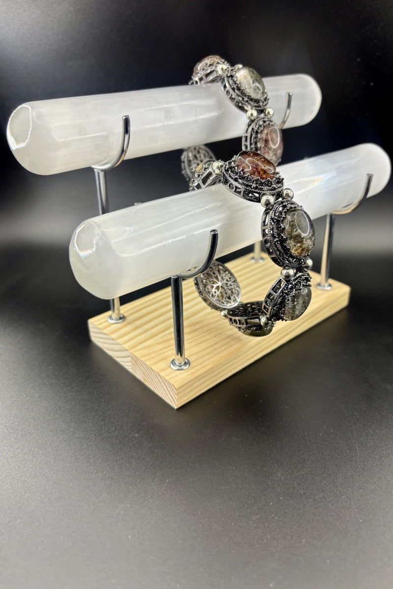 2 Selenite Bars Bracelets Holder with A Double Wood Stand Set 7.87"