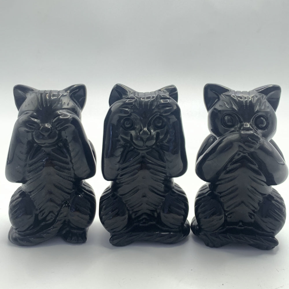 3 Cats Carvings Speak No Evil See No Evil Hear No Evil in Black Obsidian