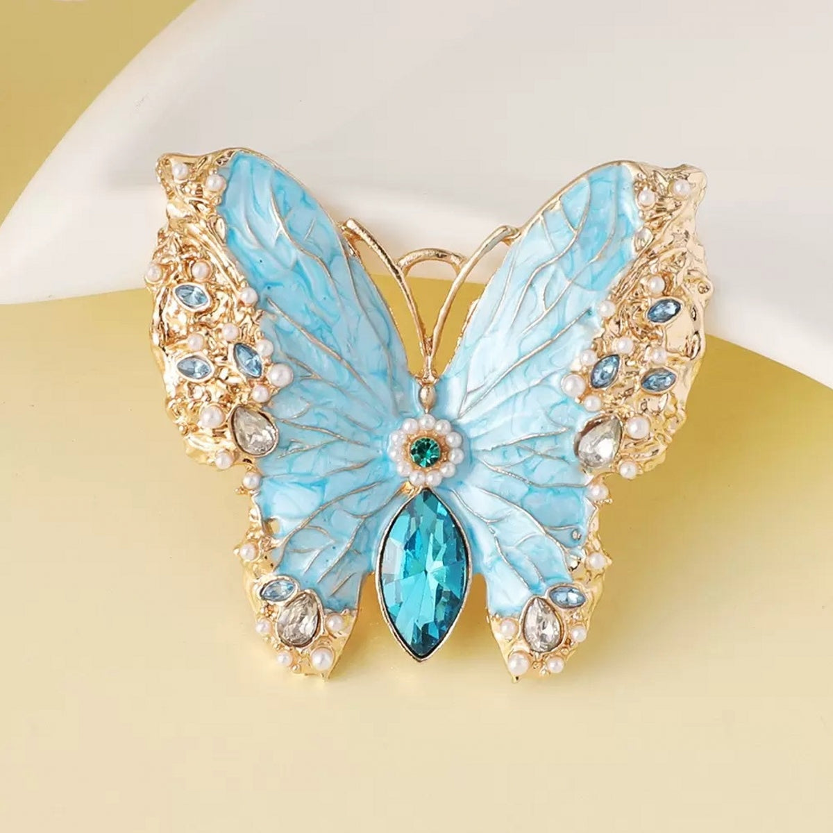 Alloy with Diamond-Set Pearl and Butterfly Brooch