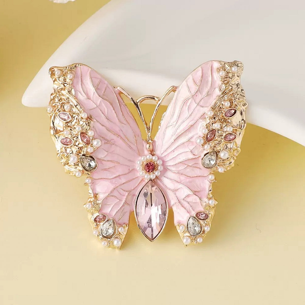 Alloy with Diamond-Set Pearl and Butterfly Brooch
