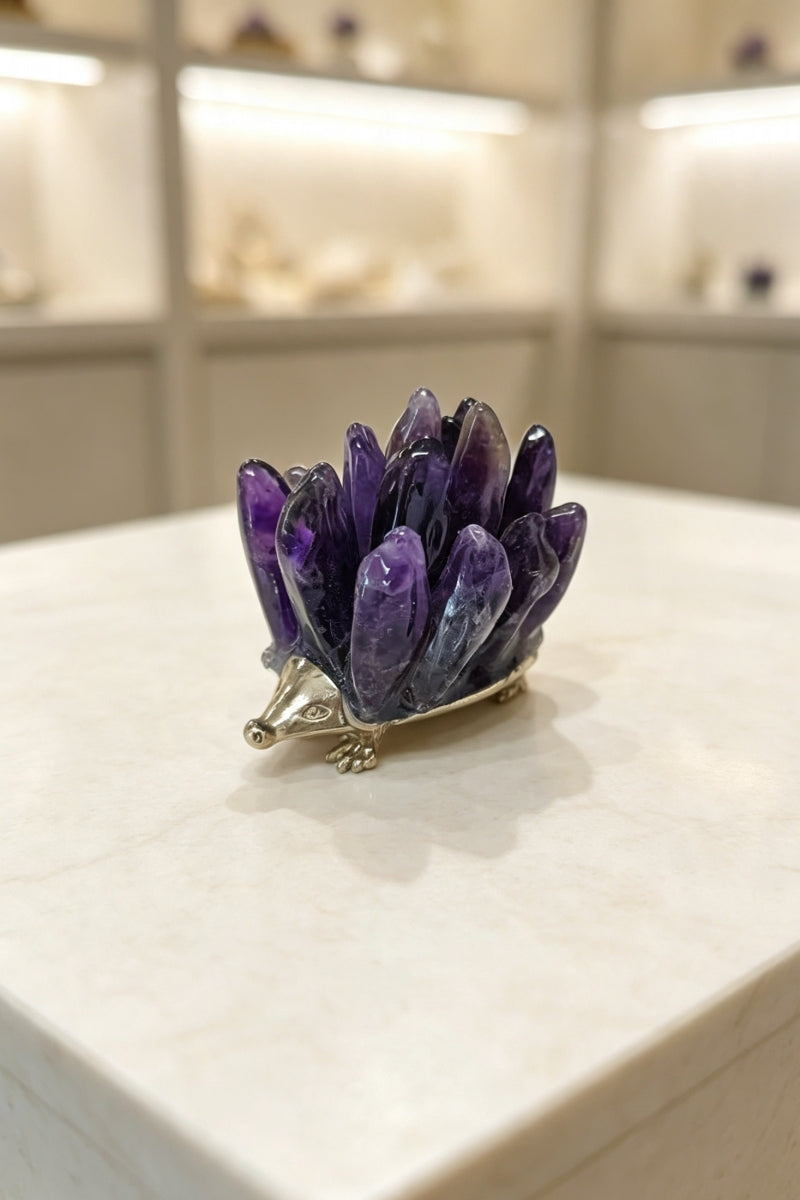 Amethyst Clear Quartz Kyanite Crystal Point Hedgehog DIY Figurine