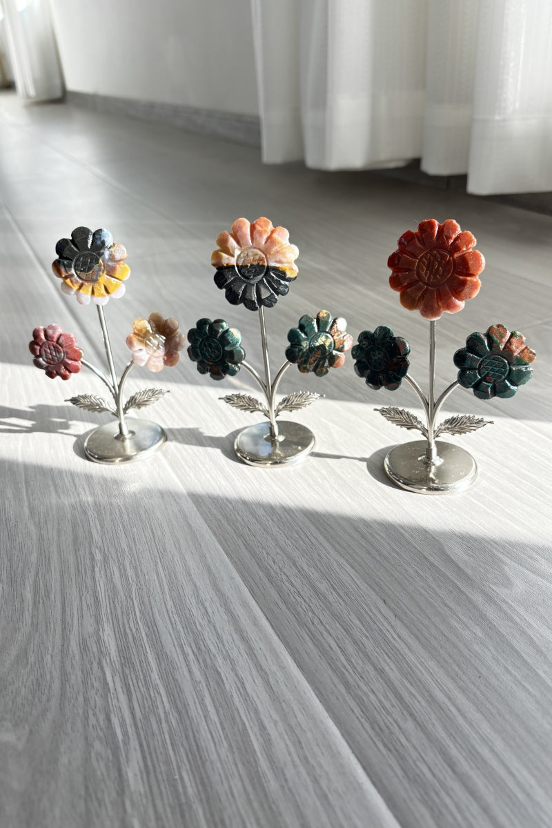 Amethyst Triple Sun Flowers with Metal Stems Ocean Jasper Flowers