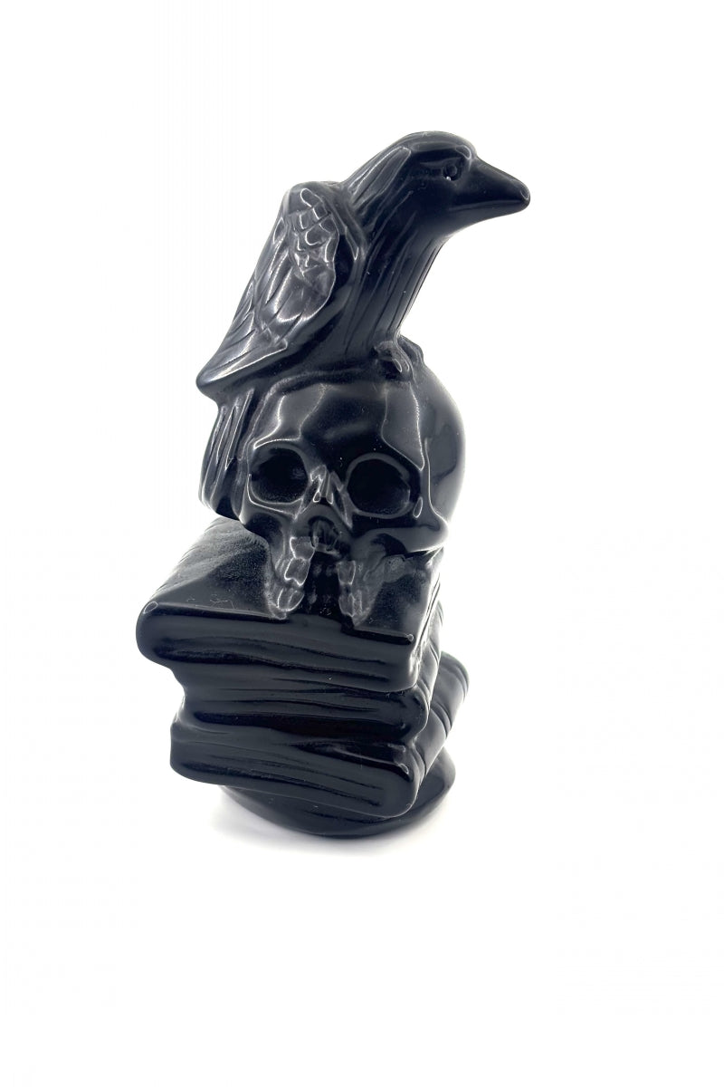 Big Black Obsidian Raven Book Skull Carving 5.51"