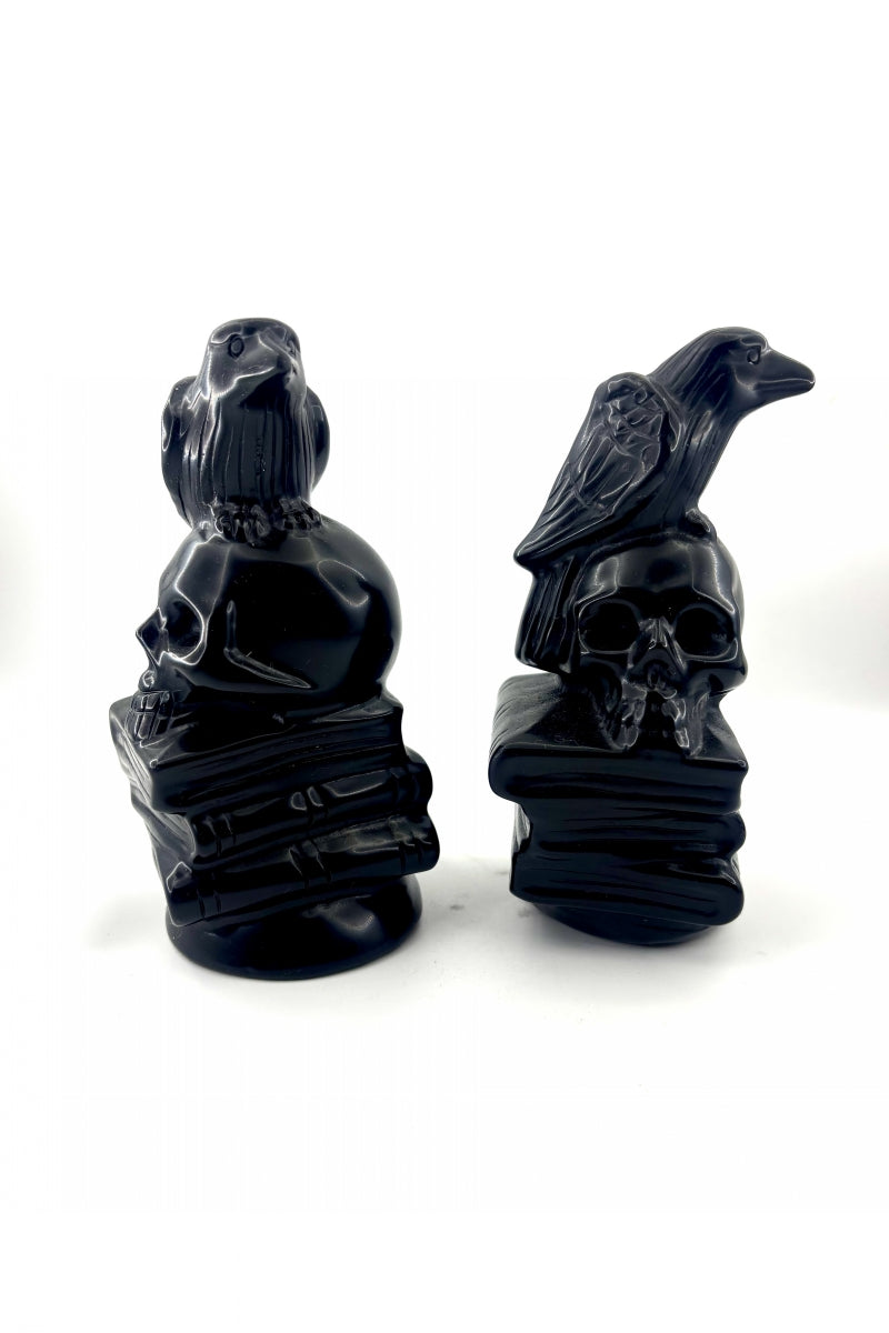 Big Black Obsidian Raven Book Skull Carving 5.51"
