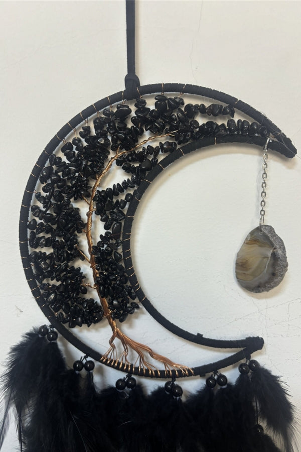 Black Crystal Dream Catcher with Feathers Obsidian Tree of Life Dreamcatchers