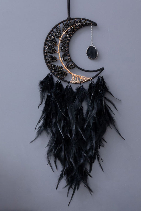 Black Crystal Dream Catcher with Feathers Obsidian Tree of Life Dreamcatchers