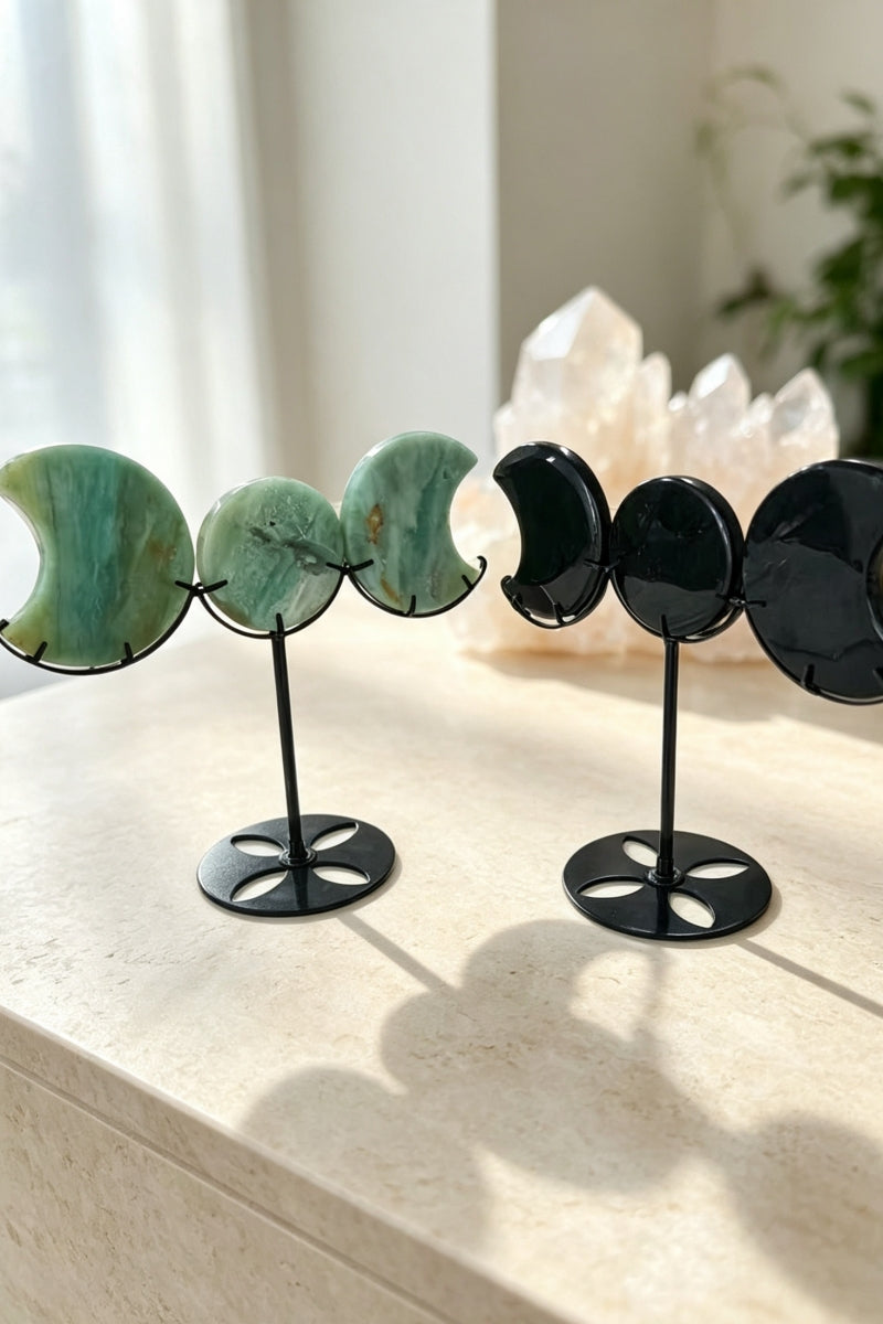 Black Obsidian Caribbean Calcite Half and Full Moon Set with Free Holders 7.28"