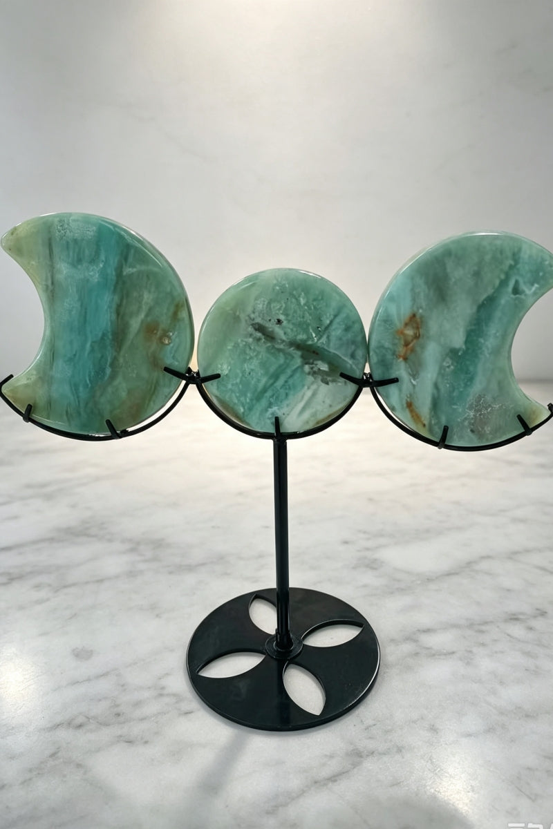 Black Obsidian Caribbean Calcite Half and Full Moon Set with Free Holders 7.28"