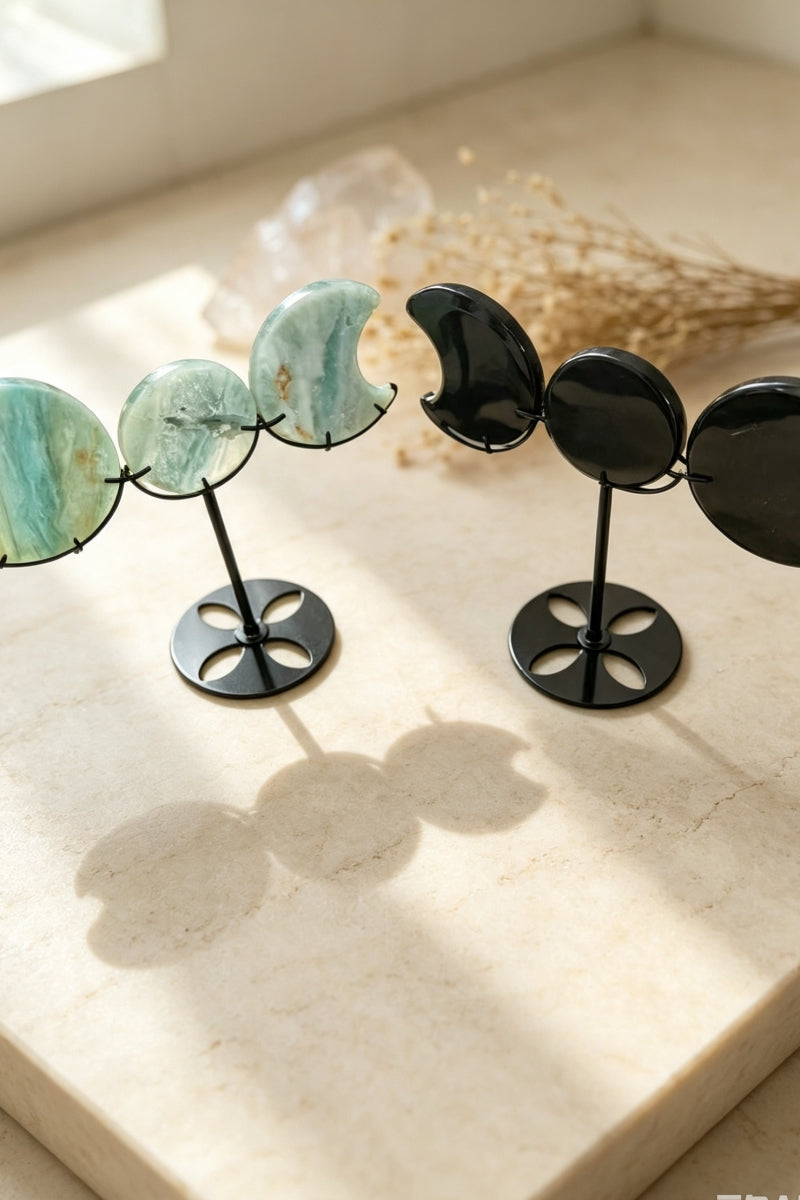 Black Obsidian Caribbean Calcite Half and Full Moon Set with Free Holders 7.28"