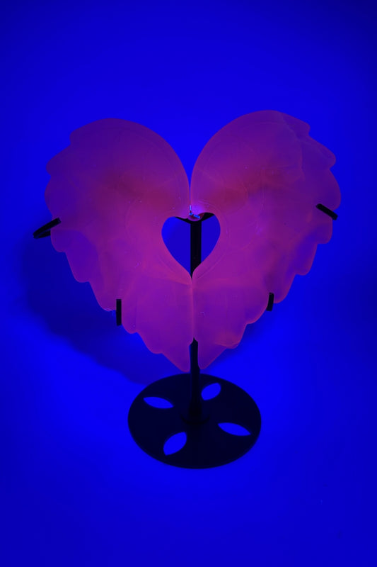 Brightly Flashy UV Pink Calcite Heart Wings with Free Holder