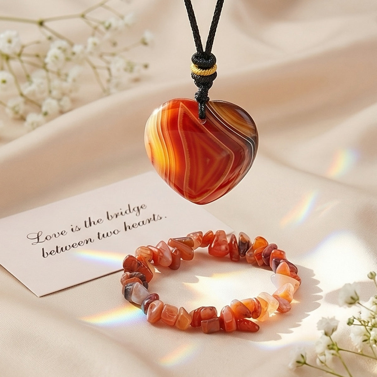 Carnelian Heart Pendant Necklace and Crushed Stone Bracelet Set