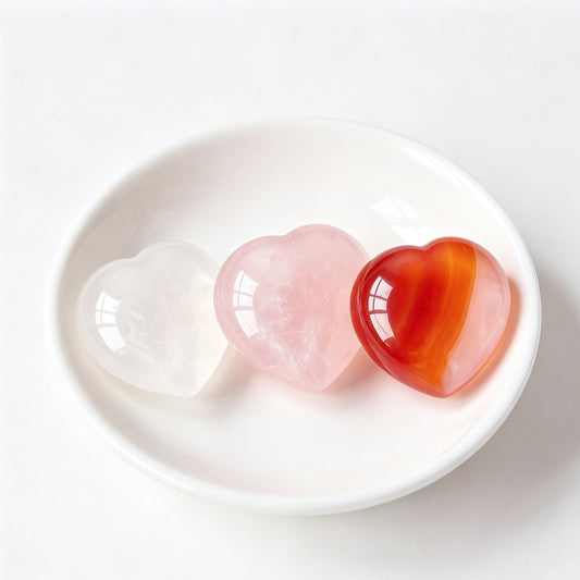 Carnelian Rose Quartz Clear Quartz Crystal Hearts Plam Stone 1.18"