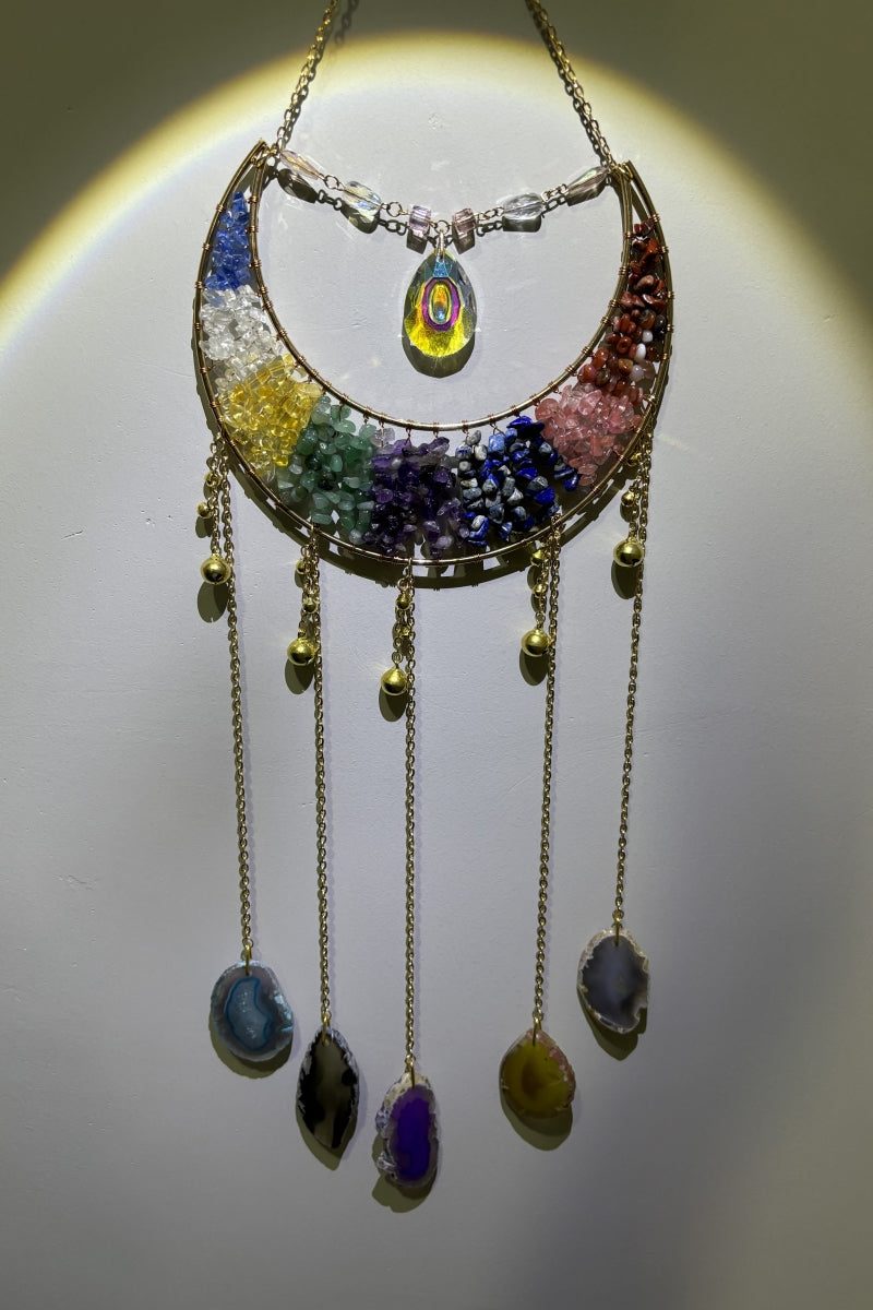 Chakra Crystal Dreamcatchers Moon Design with Natural Agate and Bell Pendant