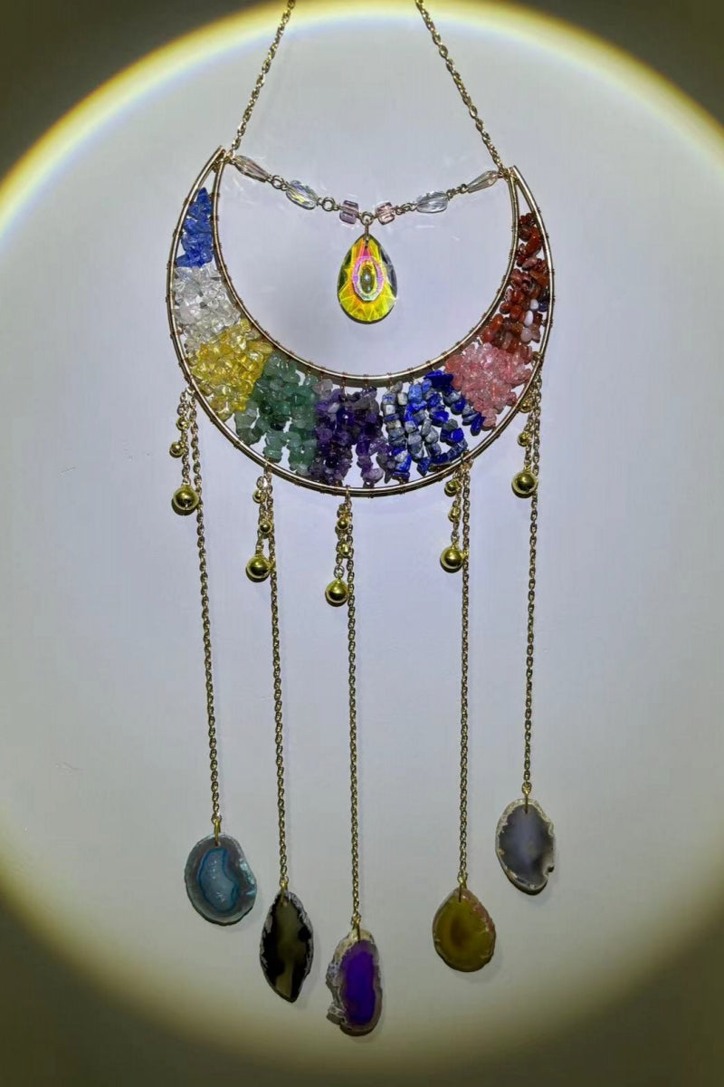 Chakra Crystal Dreamcatchers Moon Design with Natural Agate and Bell Pendant