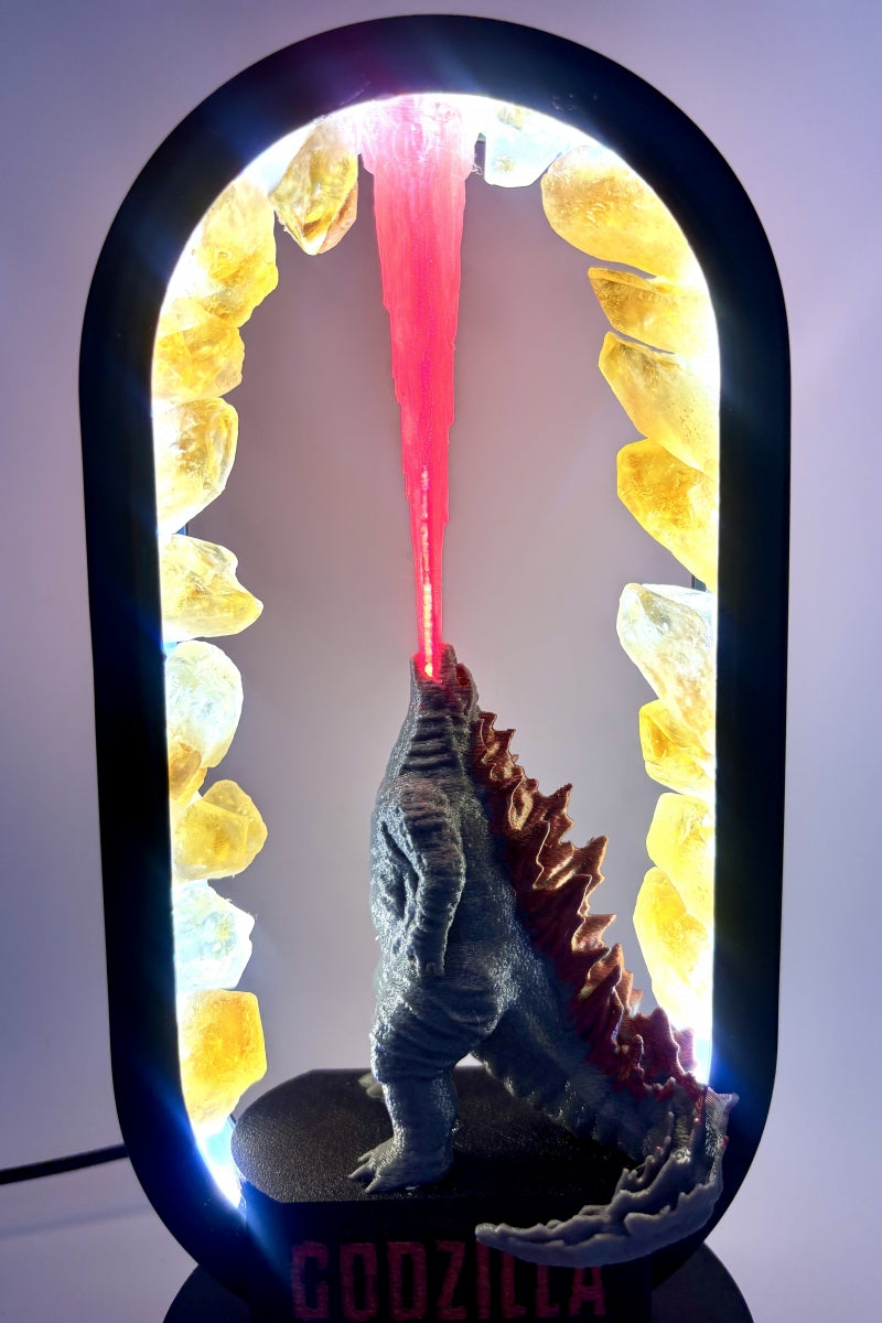 Citrine Godzilla Lamp with Flames USB  Raw Pieces