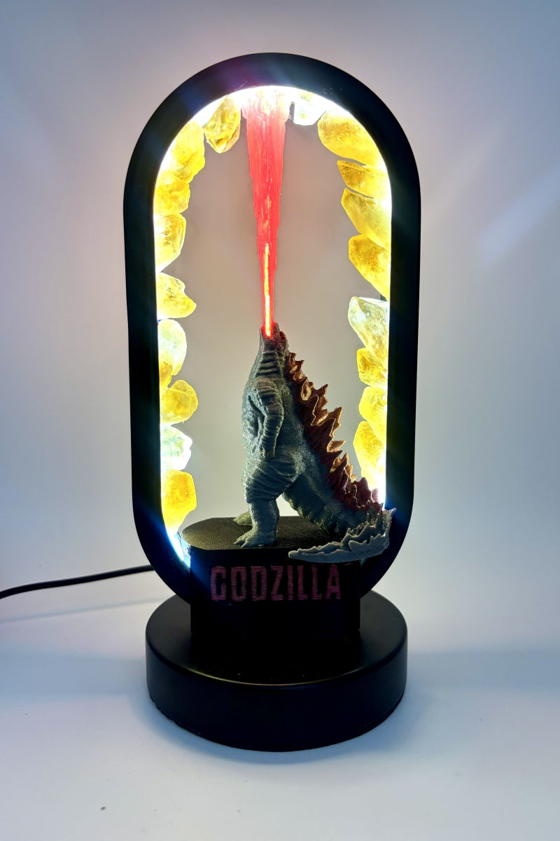 Citrine Godzilla Lamp with Flames USB  Raw Pieces