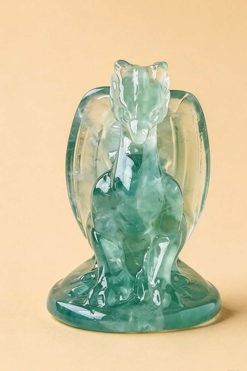 Clear Quartz Black Obsidian Green Fluorite Crystal Dragon Carvings 1.97"