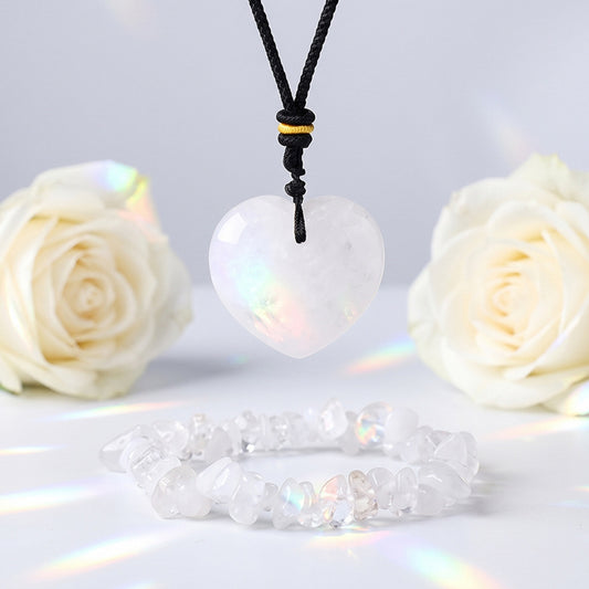 Clear Quartz Heart Pendant Necklace and Crushed Stone Bracelet Set