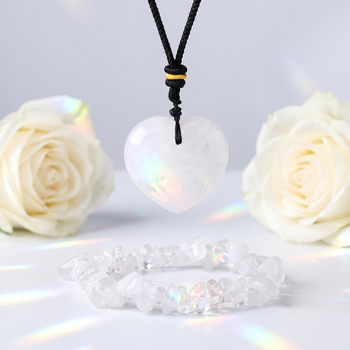 Clear Quartz Heart Pendant Necklace and Crushed Stone Bracelet Set