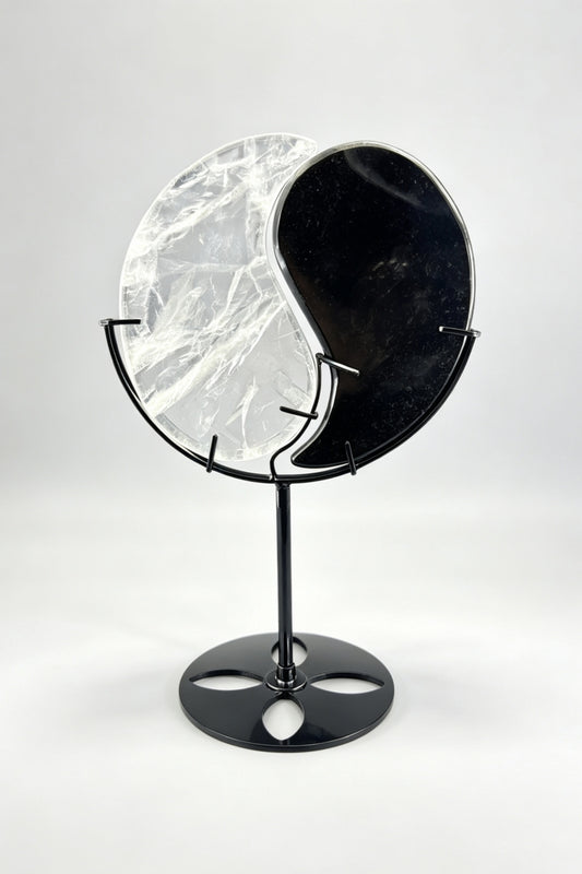 Clear Quartz Obsidian Yin Yang With Free Holder 8.27"