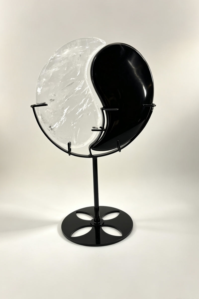 Clear Quartz Obsidian Ying Yang With Free Holder 8.27"