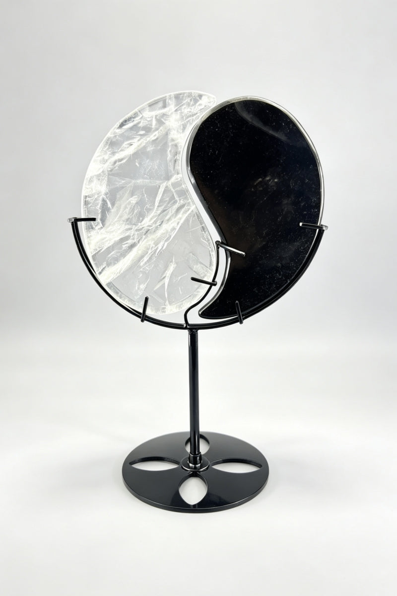 Clear Quartz Obsidian Ying Yang With Free Holder 8.27"