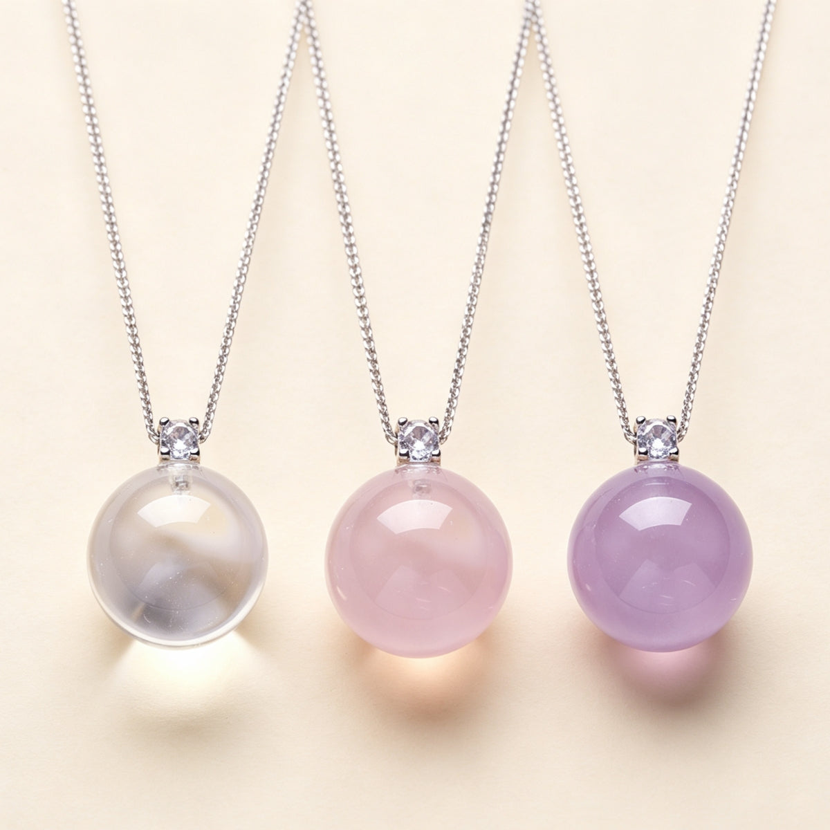 Clear Quartz Rose Quartz Amethyst Crystal Ball Pendant Silver Necklace