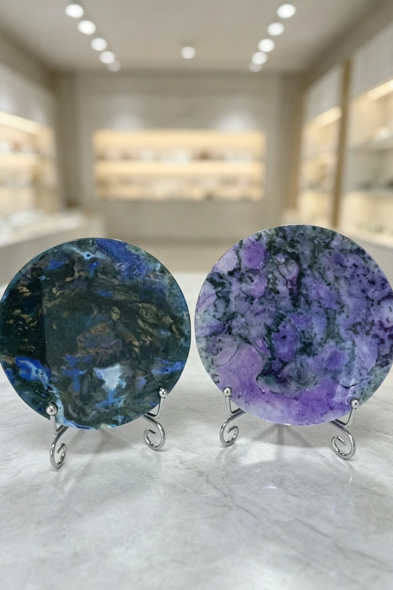 Color Enhauced Purple Blue Moss Agate Slabs with Free Holders Round Crystal Coasters