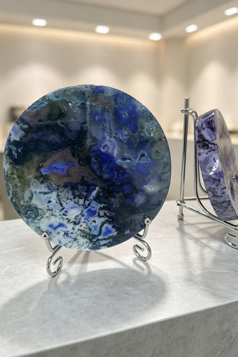 Color Enhauced Purple Blue Moss Agate Slabs with Free Holders Round Crystal Coasters